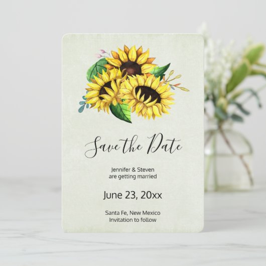 Save The Date Bouquet de tournesol jaune en Mariage d'aquarelle (Debout devant)