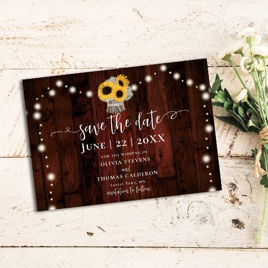 Save The Date Bouquet de tournesols rustiques Lumières Barre Mar