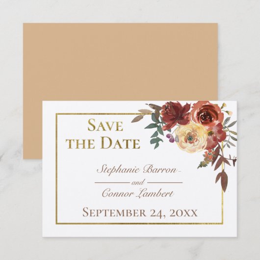 Save The Date Bouquet floral ivoire avec Mariage or (Devant / Derrière)