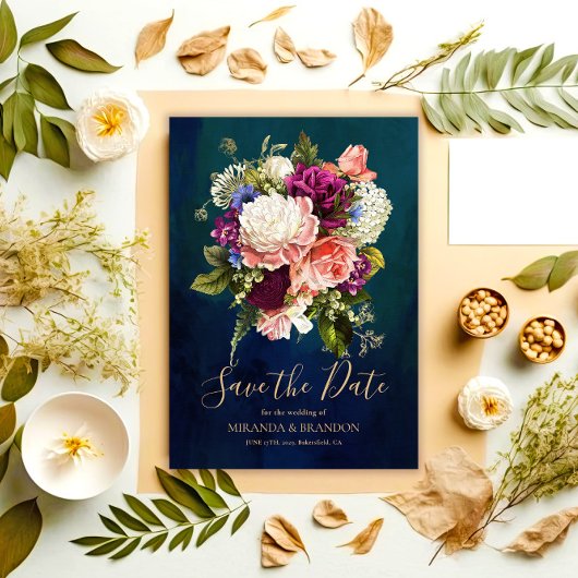 Save The Date Bouquet floral romantique Emerald Green Mariage or