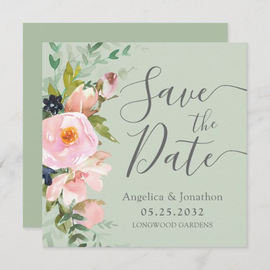 Save The Date Bouquet floral rose vif Sage vert Enregistrer la d (Devant / Derrière)