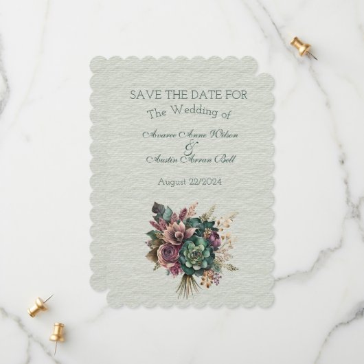 Save The Date Bouquet Mariage vert et bourguignon (Devant/Arrière en situation)