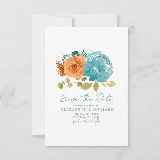 Save The Date Bouquet orange turquoise brûlé automne floral (Devant)