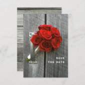 Save The Date Bouquet Rose Rouge & Mariage En Bois D'Écorce Enre (Devant / Derrière)
