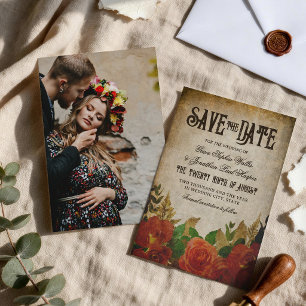 Save The Date Bouquets de roses rouges mariage vintage