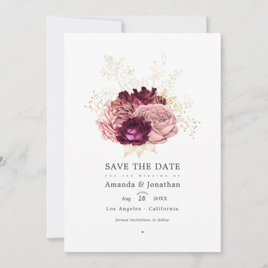 Save The Date Bourgogne - Blush Rose Marsala et Or Mariage (Devant)
