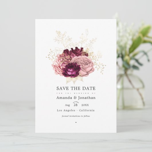 Save The Date Bourgogne - Blush Rose Marsala et Or Mariage (Debout devant)