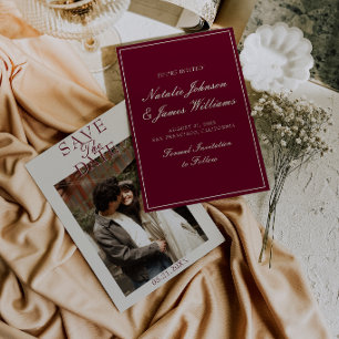Save The Date Bourgogne Crémeux Élégant Photo de Mariage Argenté