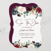 Save The Date Bourgogne et bleu Mariage anglais Fleurs (Devant / Derrière)
