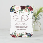 Save The Date Bourgogne et bleu Mariage anglais Fleurs (Debout devant)