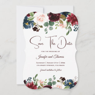 Save The Date Bourgogne et bleu Mariage anglais Fleurs