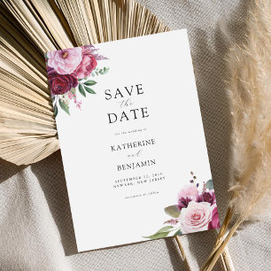 Save The Date Bourgogne et rose Elégant Mariage floral