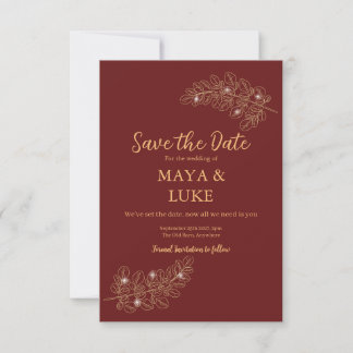 Save The Date Bourgogne feuille d'or moderne