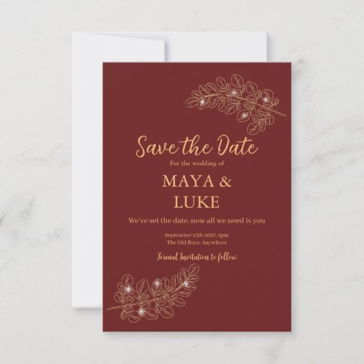 Save The Date Bourgogne feuille d'or moderne (Devant)