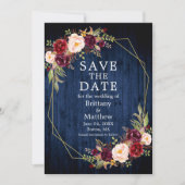 Save The Date Bourgogne Floral Bleu Bois Geo Frame Photo (Devant)