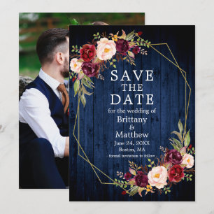 Save The Date Bourgogne Floral Bleu Bois Geo Frame Photo