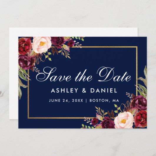 Save The Date Bourgogne Floral Blue Gold Enregistrer La Date (Devant / Derrière)