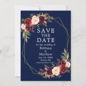 Save The Date Bourgogne Floral Blue Gold Geo Frame Photo (Devant)