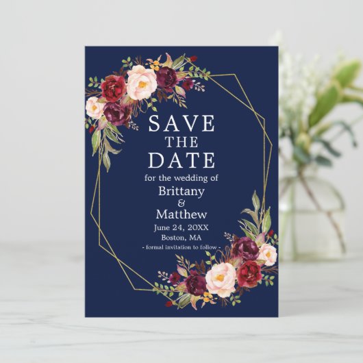 Save The Date Bourgogne Floral Blue Gold Geo Frame Photo (Debout devant)