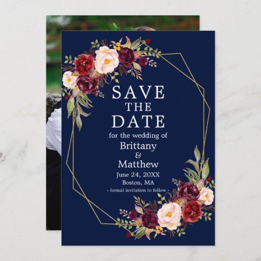 Save The Date Bourgogne Floral Blue Gold Geo Frame Photo (Devant / Derrière)