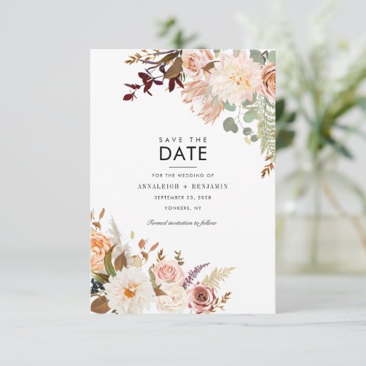 Save The Date Bourgogne Floral Eucalyptus Vert Pastel (Debout devant)