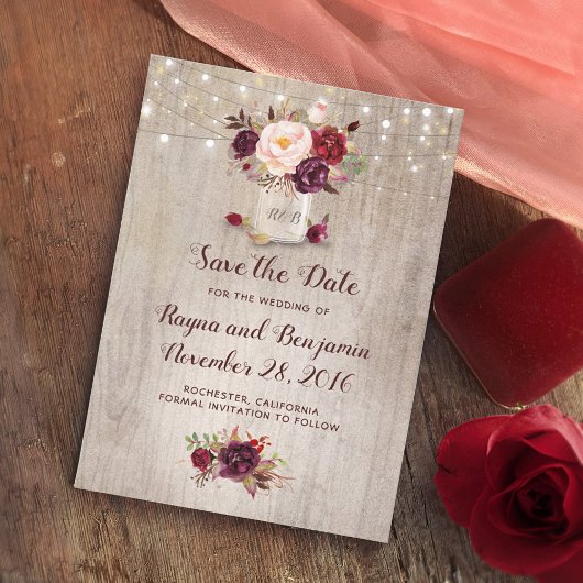 Save The Date Bourgogne Floral Mason Jar Rustique Enregistrer la