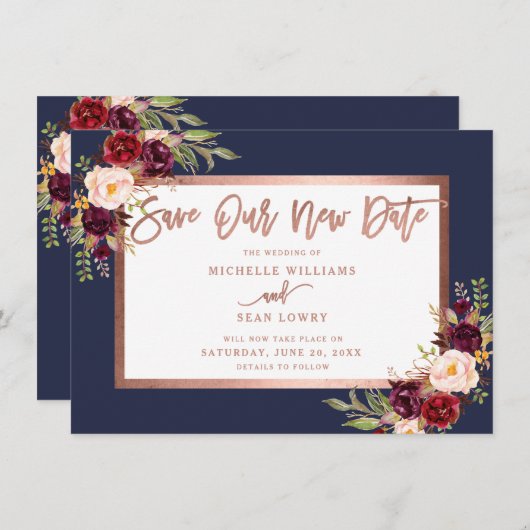 Save The Date Bourgogne Floral Rose Gold Navy Bleu (Devant / Derrière)