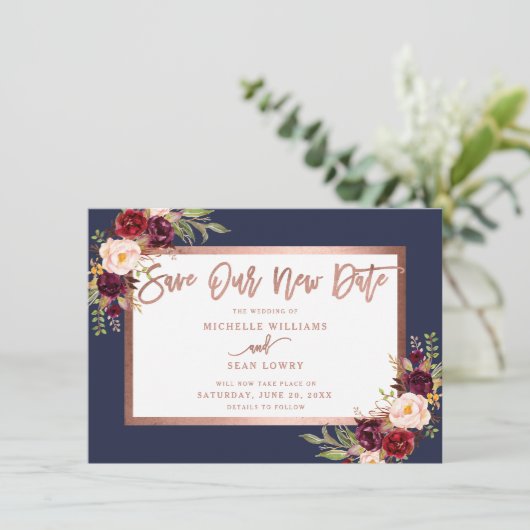 Save The Date Bourgogne Floral Rose Gold Navy Bleu (Debout devant)
