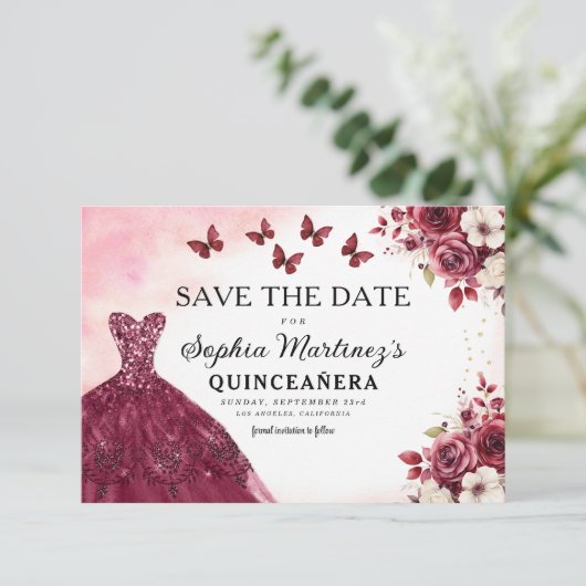 Save The Date Bourgogne florale Sauvez la date Anniversaire Quin (Debout devant)