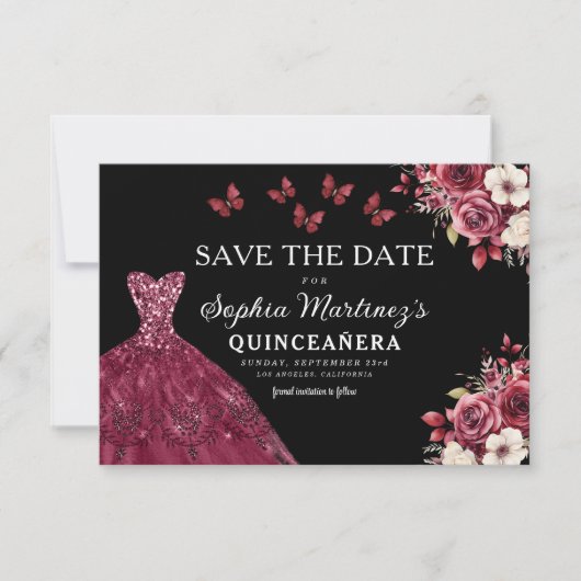 Save The Date Bourgogne florale Sauvez la date Anniversaire Quin (Devant)