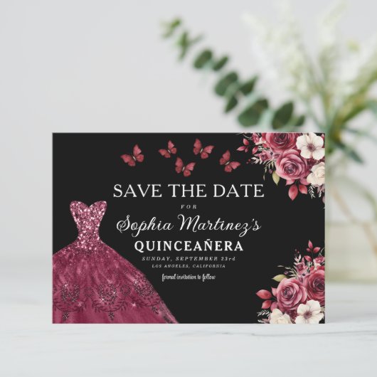 Save The Date Bourgogne florale Sauvez la date Anniversaire Quin (Debout devant)