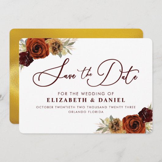 Save The Date Bourgogne Gold Floral Pampas Grass Enregistrer La (Devant / Derrière)