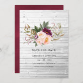 Save The Date Bourgogne - Mariage Floral Rustique au Marsala et  (Devant / Derrière)