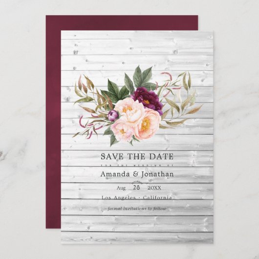 Save The Date Bourgogne - Mariage Floral Rustique au Marsala et  (Devant / Derrière)