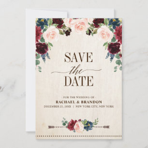Save The Date Bourgogne Marine Floral Rustique Bohème Mariage Ch