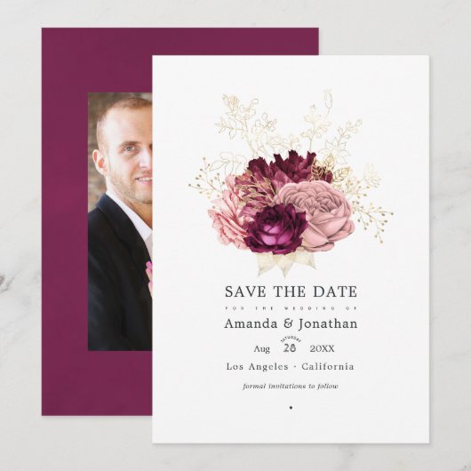Save The Date Bourgogne - Marsala Blush Rose et Or Mariage (Devant / Derrière)