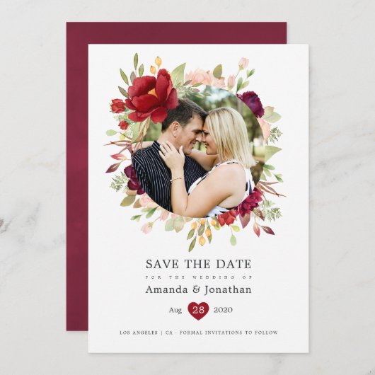 Save The Date Bourgogne - Marsala et Blush Floral Mariage (Devant / Derrière)