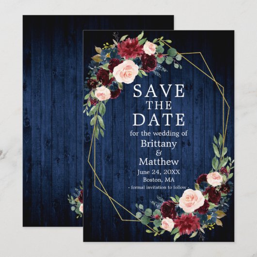 Save The Date Bourgogne Mixte Floral Blue Wood Geo Frame (Devant / Derrière)
