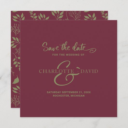 Save The Date Bourgogne moderne et mariage vert Enregistrer la d (Devant / Derrière)