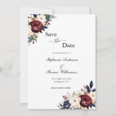 Save The Date Bourgogne Navy Crème Floral Élégant Moderne Code Q (Devant)