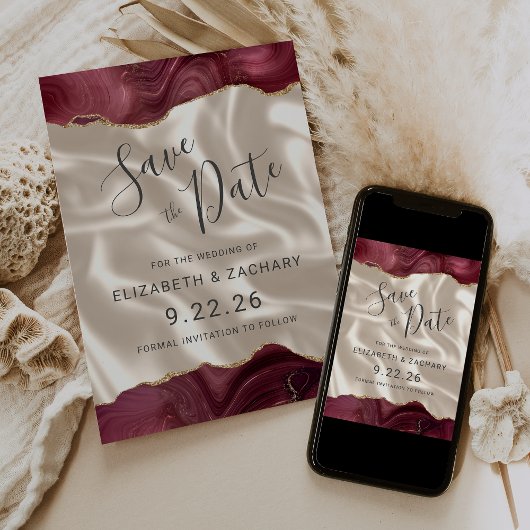 Save The Date Bourgogne Or Agate ivoire soie Enregistrer la date