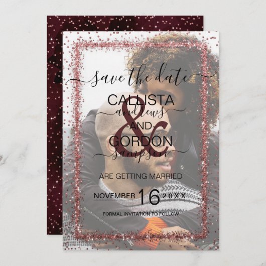 Save The Date Bourgogne Or Rose Confetti Photo Mariage (Devant / Derrière)