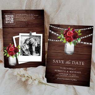 Save The Date Bourgogne Rouge Floral Bois Code QR Photo de maria