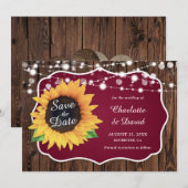 Save The Date Bourgogne Rustique Lumières Mariage de tournesol (Devant / Derrière)