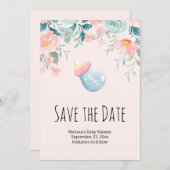 Save The Date Bouteille Bébé Bleu & Rose avec bordure Fleur (Devant / Derrière)