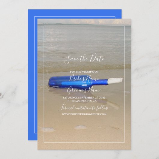 Save The Date Bouteille Sur Mariage De Sable De Plage (Devant / Derrière)