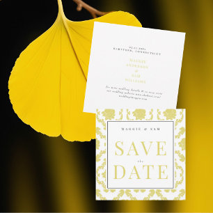 Save The Date Bouton carré Jaune Mariage damassé Date de sauvega