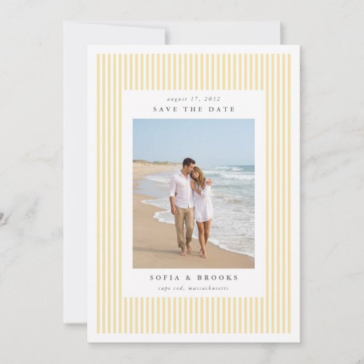 Save The Date Bouton d'or | Mariage photo classique à rayures fi (Devant)