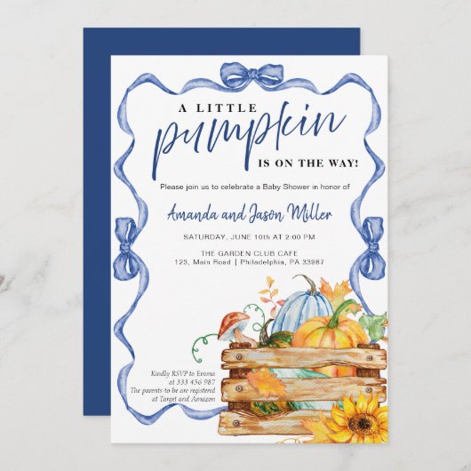 Save The Date Bow Boy Fall Baby Douche Fleurs et citrouilles (Devant / Derrière)