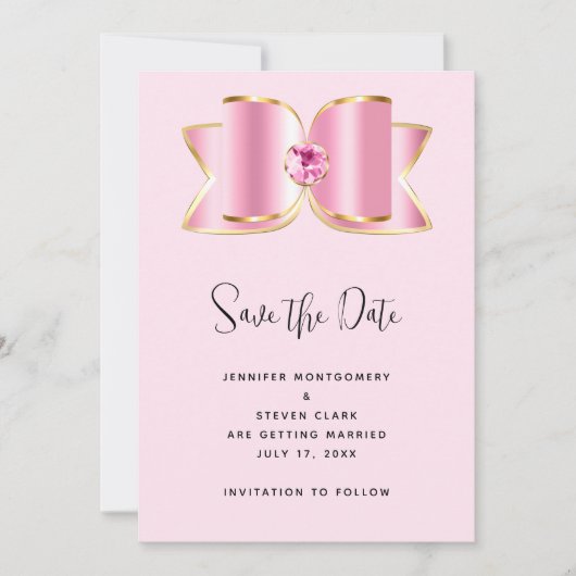 Save The Date Bow en verre rose avec Mariage en pierre angulaire (Devant)